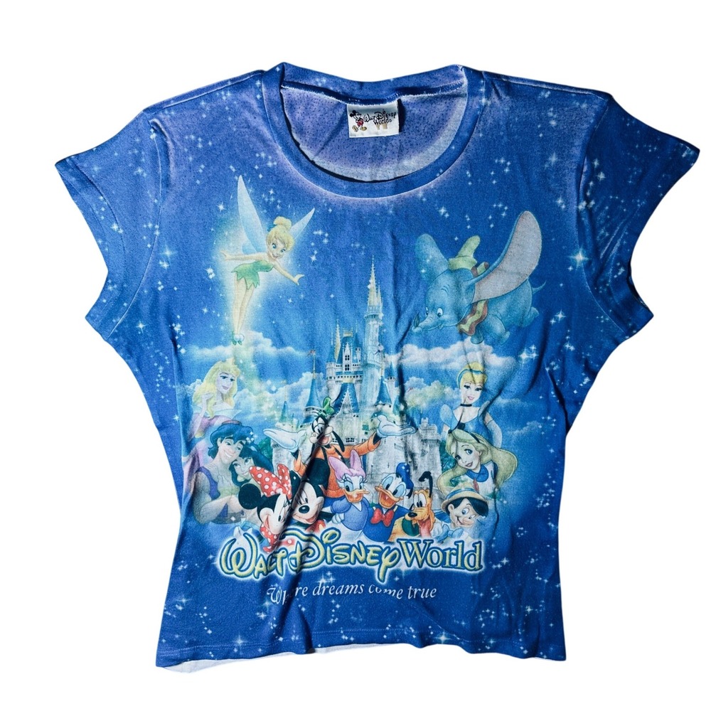 Walt Disney World All Over Print T-Shirt Women XL Blue Castle Mickey Tinkerbell